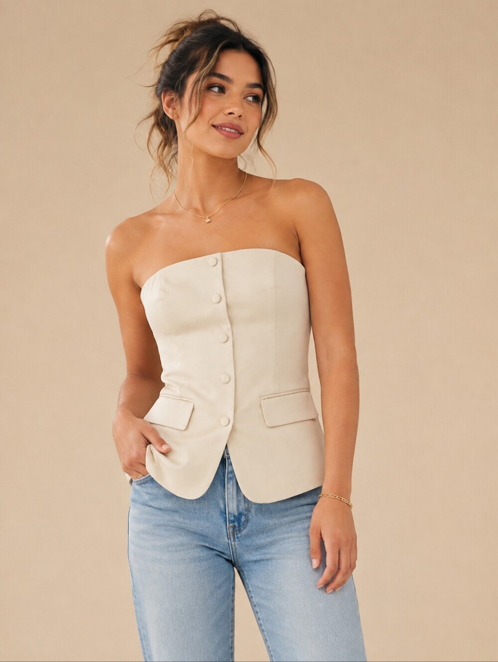 Babaton Strapless Button-Front Bustier Top in Beige